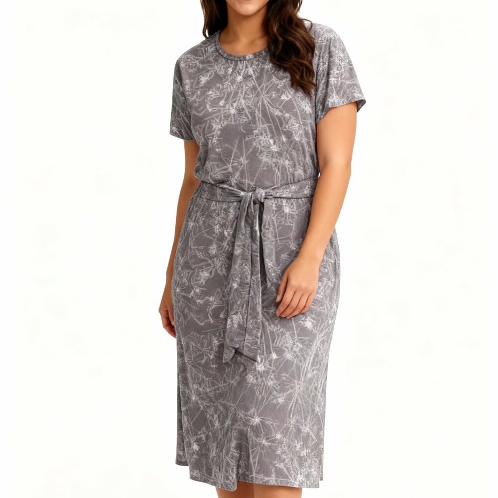 LuLaRoe Gray/Purple Printed Midi Dress — Short Sleeve Belted Style